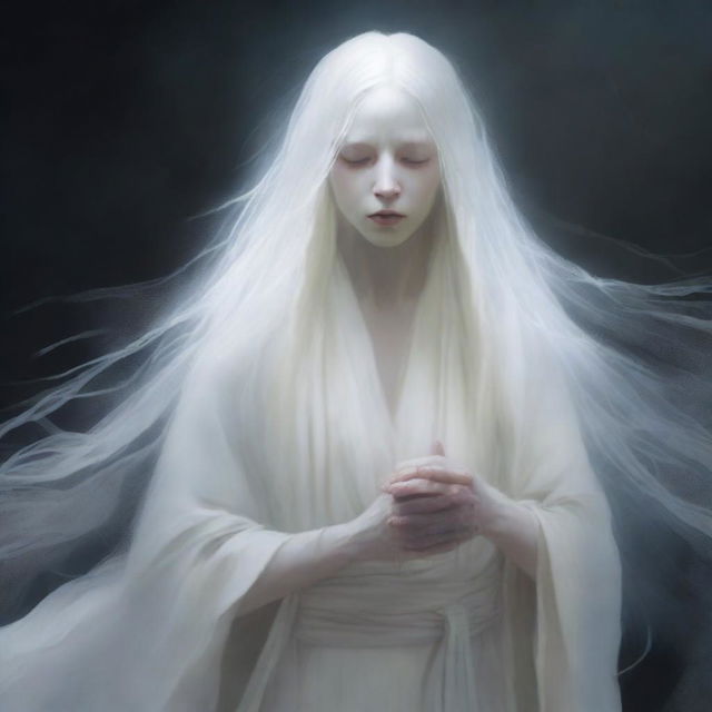 A depiction of an albino elderly female oracle with long white hair, wearing a ragged white robe