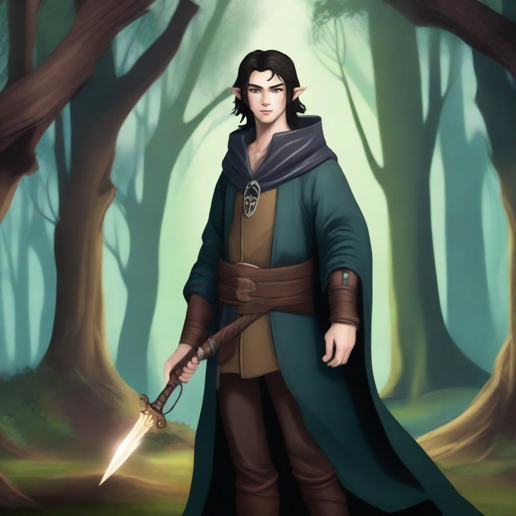 A semi-elf with dark hair dressed in a sorcerer/hunter outfit