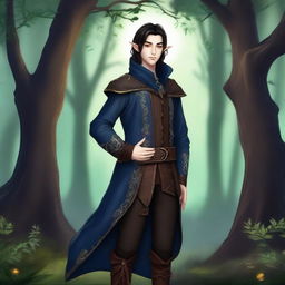 A semi-elf with dark hair dressed in a sorcerer/hunter outfit