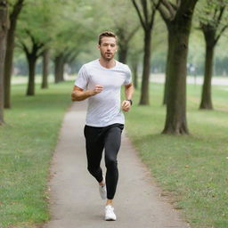 A fit 25-year-old man donned in a white t-shirt and black pants is in the middle of a jog in a serene, green park.