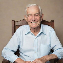 A cute, elderly man with a tender smile, wrinkled skin, and white hair seated in a vintage chair.