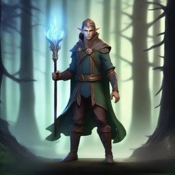 A half-elf character dressed in tight-fitting sorcerer/hunter/warrior attire, standing tall and raising a short staff above their head