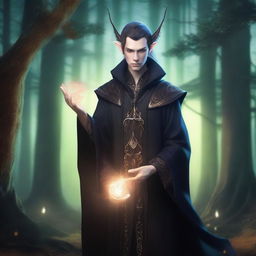 A semi-elf sorcerer wearing a dark, form-fitting suit