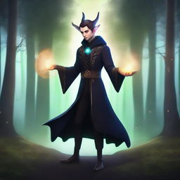A semi-elf sorcerer wearing a dark, form-fitting suit