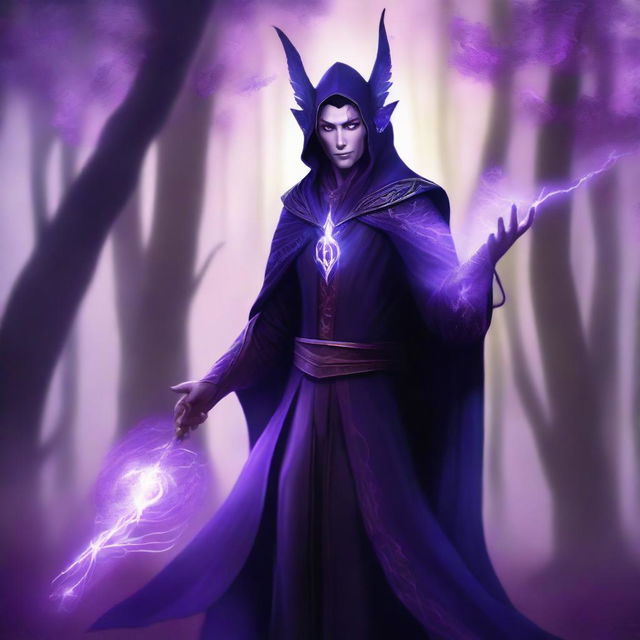 A semi-elf sorcerer wearing a dark, form-fitting suit, raising a staff with a glowing purple light above their head