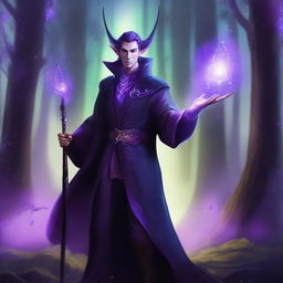 A semi-elf sorcerer wearing a dark, form-fitting suit, raising a staff with a glowing purple light above their head