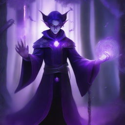 A semi-elf sorcerer wearing a dark, form-fitting suit, raising a staff with a glowing purple light above their head