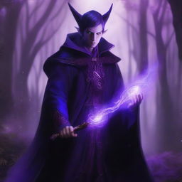 A semi-elf sorcerer wearing a dark, form-fitting suit, raising a staff with a glowing purple light above their head