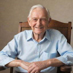 A cute, elderly man with a tender smile, wrinkled skin, and white hair seated in a vintage chair.