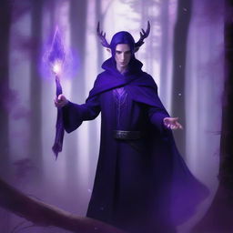 A semi-elf sorcerer wearing a dark, form-fitting suit, raising a short staff with a glowing purple light above their head