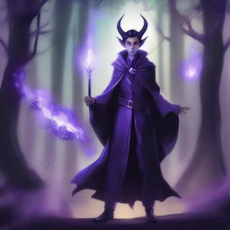 A semi-elf sorcerer wearing a dark, form-fitting suit, raising a short staff with a glowing purple light above their head