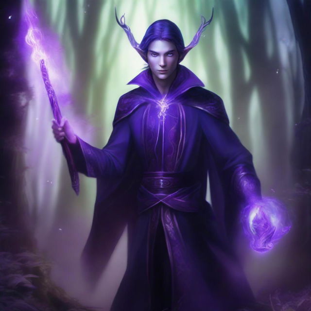 A semi-elf sorcerer wearing a dark, form-fitting suit, raising a short staff with a glowing purple light above their head