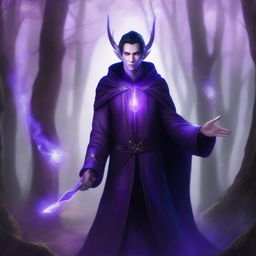 A semi-elf sorcerer wearing a dark, form-fitting suit, raising a short staff with a glowing purple light above their head