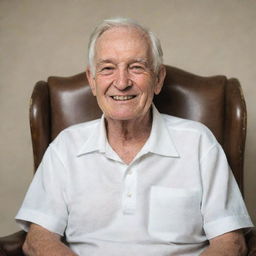 A cute, elderly man with a tender smile, wrinkled skin, and white hair seated in a vintage chair.