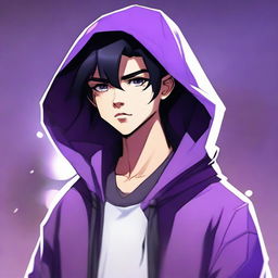 A modern face portrait of an androgynous male teenager with black hair and purple highlights, dressed in a hoodie