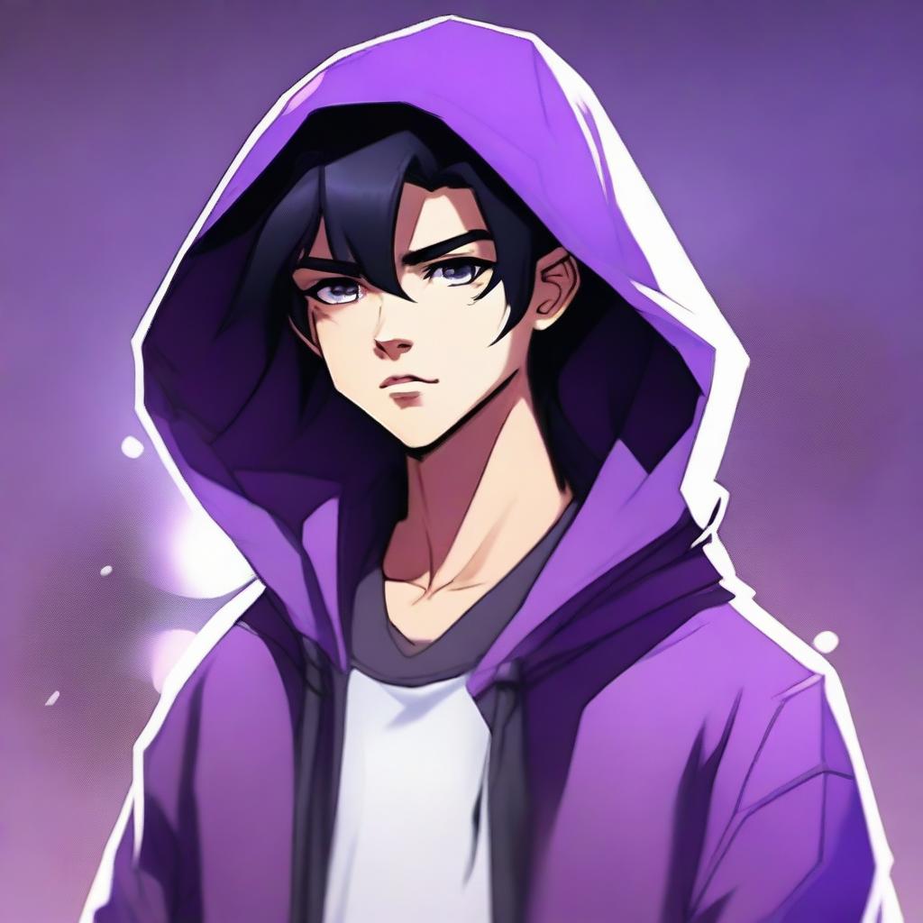 A modern face portrait of an androgynous male teenager with black hair and purple highlights, dressed in a hoodie