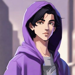 A modern face portrait of an androgynous male teenager with black hair and purple highlights, dressed in a hoodie