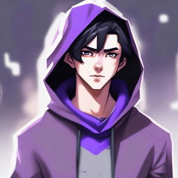 A modern face portrait of an androgynous male teenager with black hair and purple highlights, dressed in a hoodie