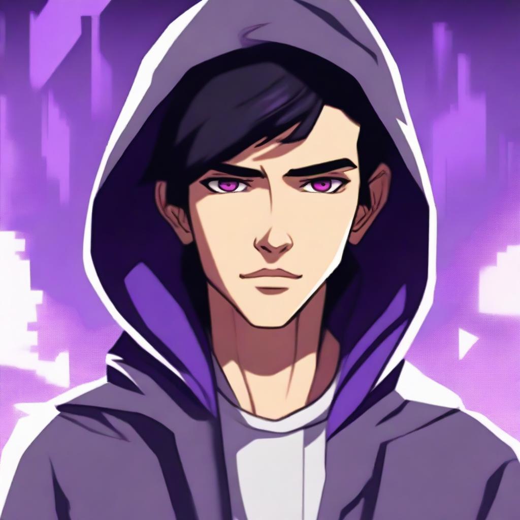 A modern face portrait of an androgynous male teenager with black hair and purple highlights, dressed in a hoodie