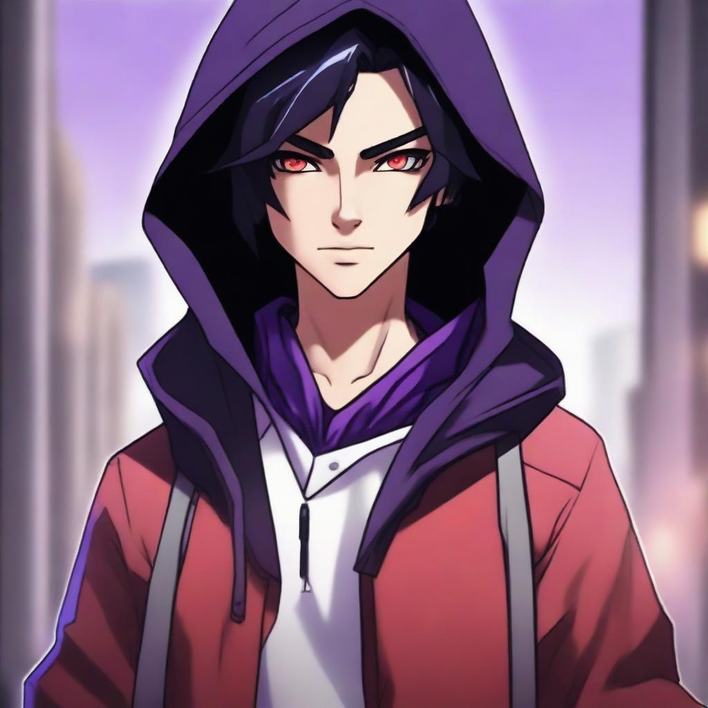 A modern face portrait of an androgynous lean human teenager with shoulder-length black hair and purple highlights, red eyes, and a clean-shaven face