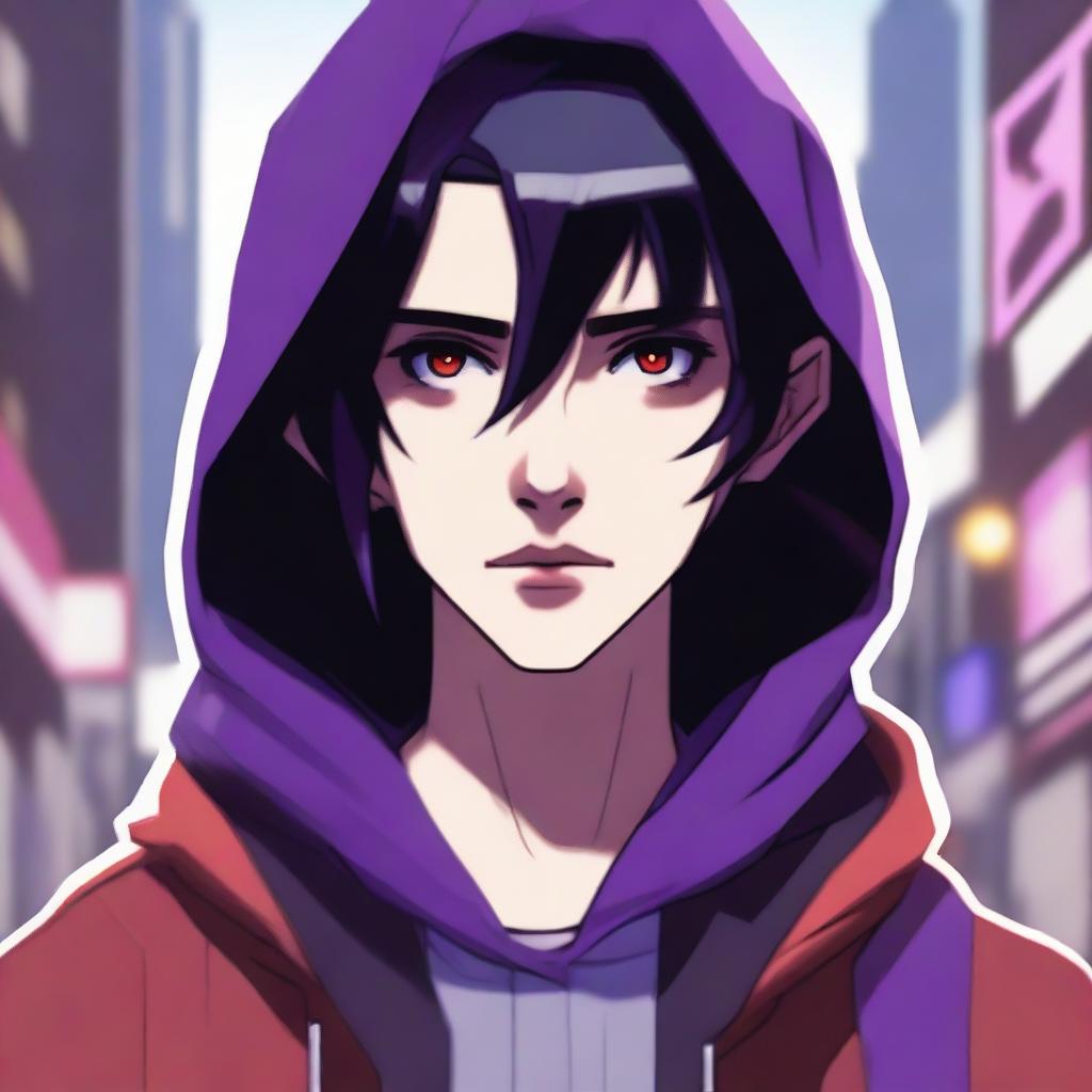 A modern face portrait of an androgynous lean human teenager with shoulder-length black hair and purple highlights, red eyes, and a clean-shaven face