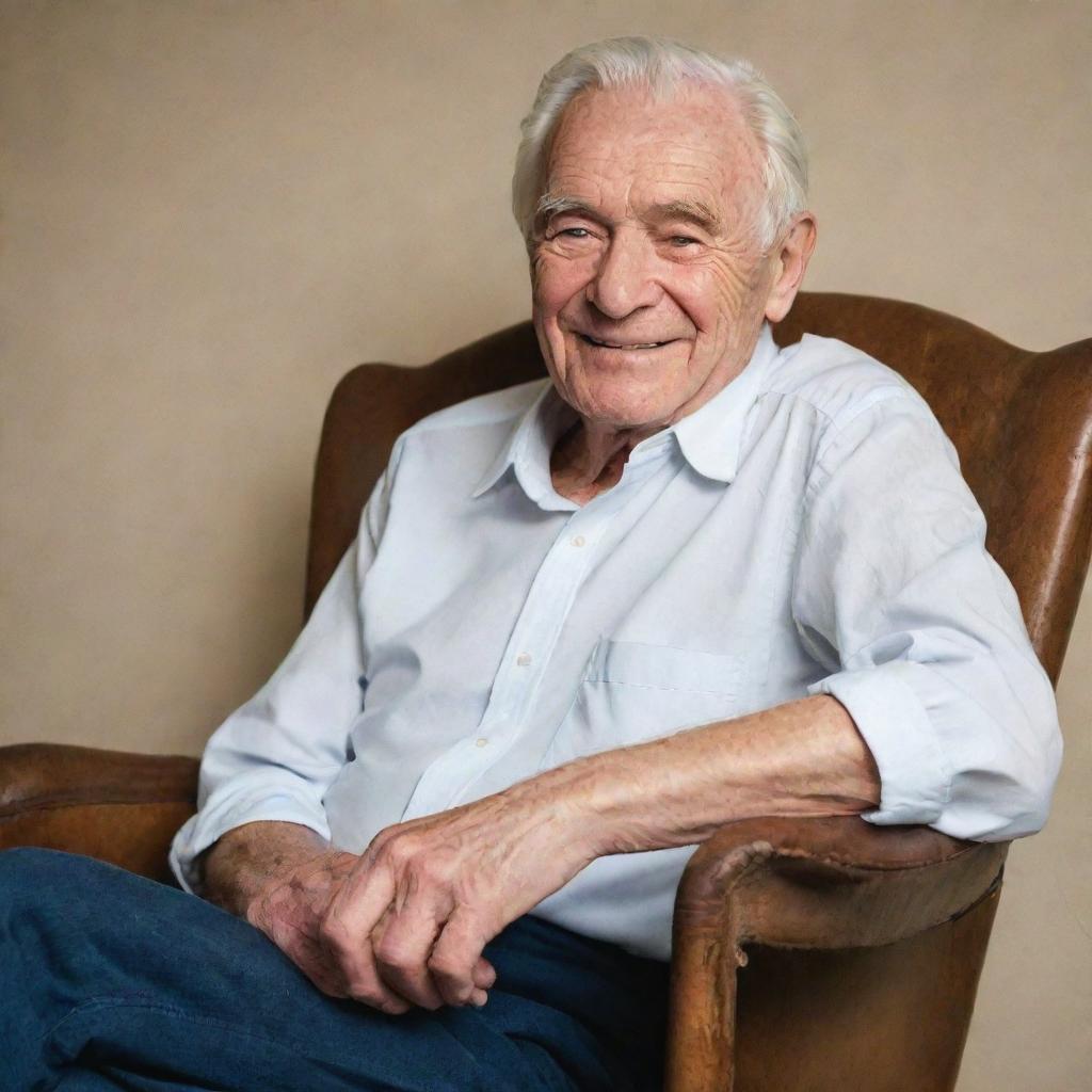 A cute, elderly man with a tender smile, wrinkled skin, and white hair seated in a vintage chair.