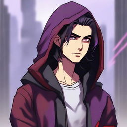 A modern face portrait of an androgynous lean human teenager with shoulder-length black hair with purple highlights, red eyes, and a clean-shaven face