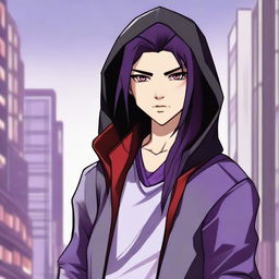 A modern face portrait of an androgynous lean human teenager with shoulder-length black hair with purple highlights, red eyes, and a clean-shaven face