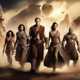 Create a dynamic and captivating movie poster featuring a diverse cast of characters in an epic adventure setting