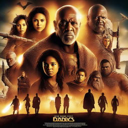 Create a dynamic and captivating movie poster featuring a diverse cast of characters in an epic adventure setting