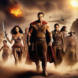 Create a dynamic and captivating movie poster featuring a diverse cast of characters in an epic adventure setting