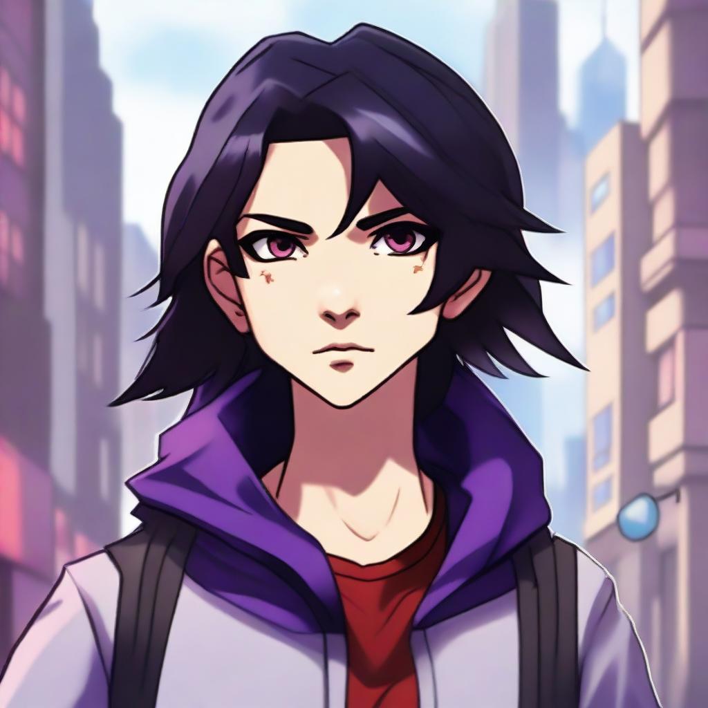 A modern face portrait of an androgynous lean human teenager with shoulder-length black hair with purple highlights, red eyes, and a clean-shaven face