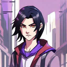 A modern face portrait of an androgynous lean human teenager with shoulder-length black hair with purple highlights, red eyes, and a clean-shaven face