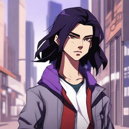 A modern face portrait of an androgynous lean human teenager with shoulder-length black hair with purple highlights, red eyes, and a clean-shaven face