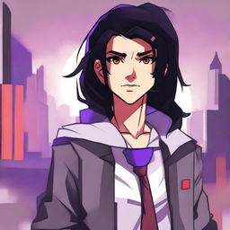 A modern face portrait of an androgynous lean human teenager with shoulder-length black hair with purple highlights, red eyes, and a clean-shaven face