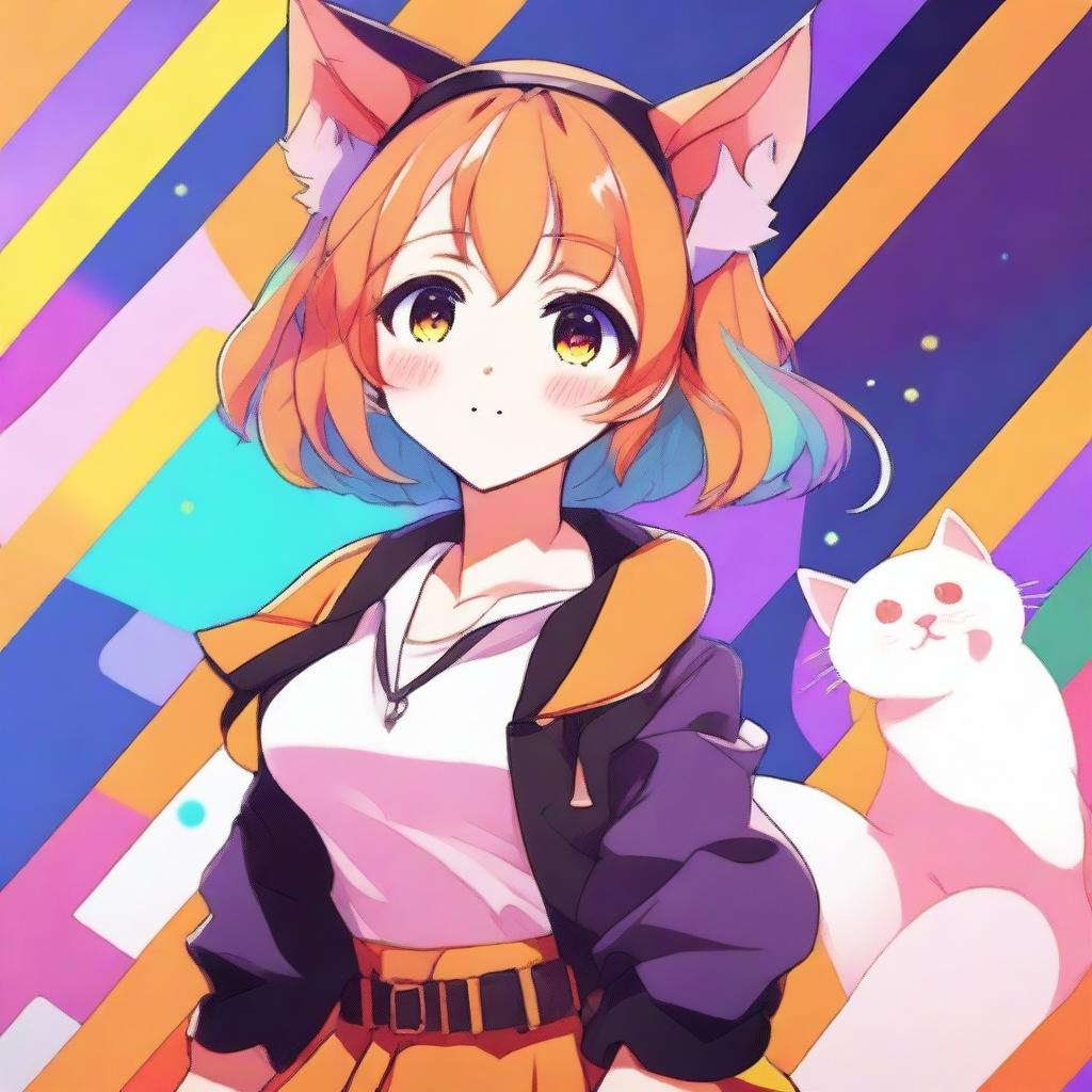 A beautiful anime-style waifu with orange hair and cat ears