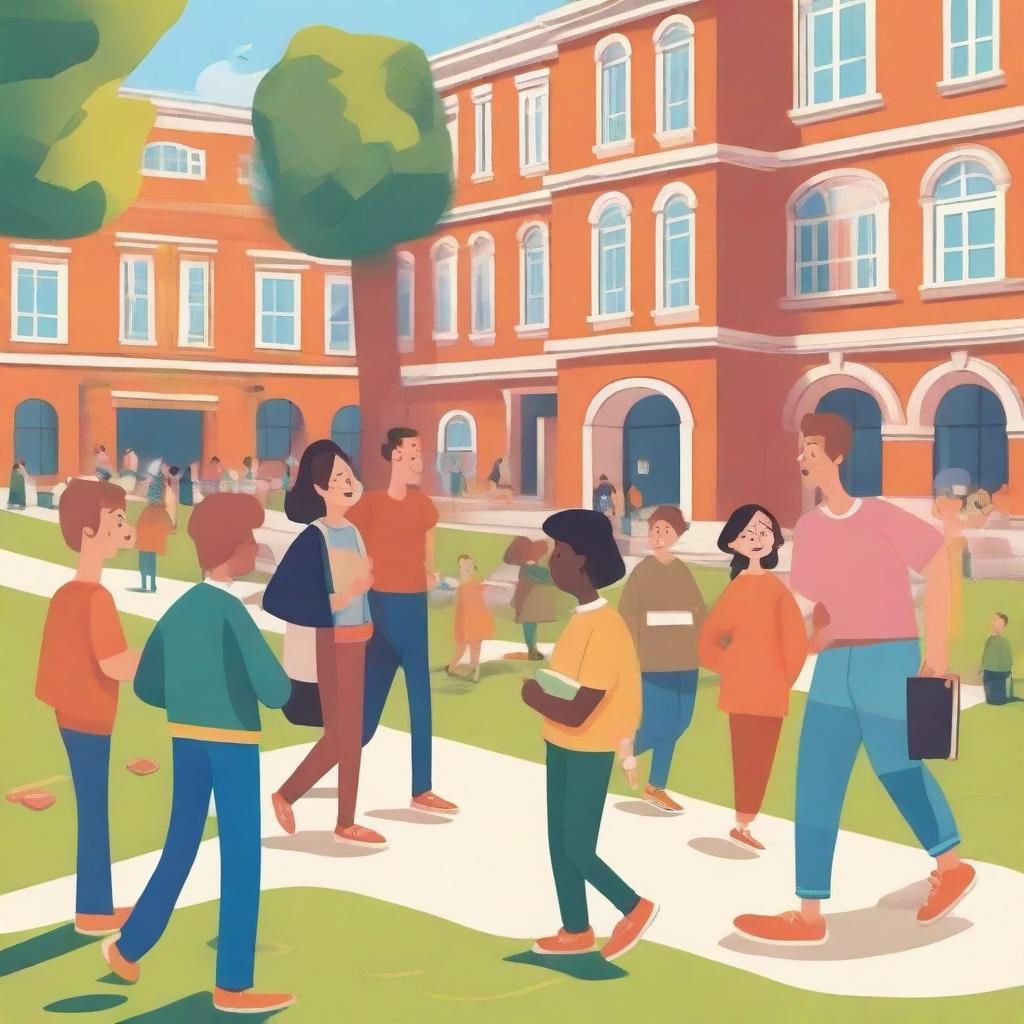 A vibrant and lively illustration depicting the college day of a character named Hugo