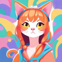 A cute orange-haired cat girl with feline features such as cat ears and a tail