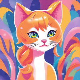 A cute orange-haired cat girl with feline features such as cat ears and a tail