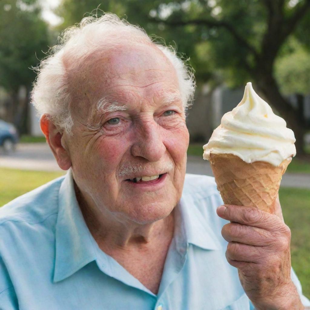 A sweet image of an elderly man savoring an ice cream cone on a hot summer's day, highlighting the joy in his twinkling eyes.