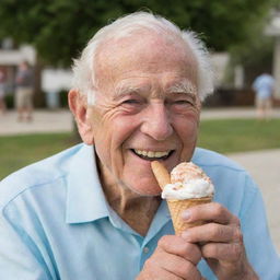 A sweet image of an elderly man savoring an ice cream cone on a hot summer's day, highlighting the joy in his twinkling eyes.