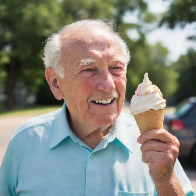 A sweet image of an elderly man savoring an ice cream cone on a hot summer's day, highlighting the joy in his twinkling eyes.