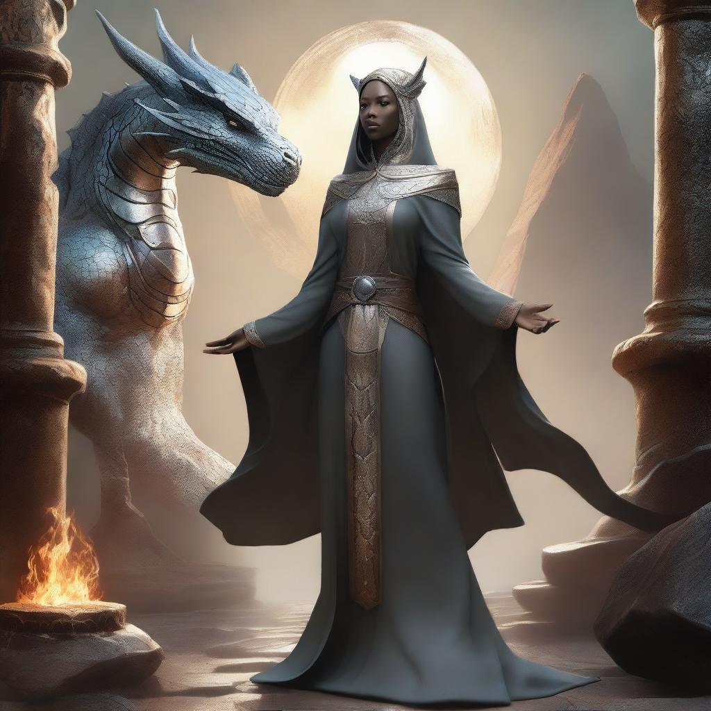 A digital art depicting a female silver Dragonborn wizard in flowing bronze robes