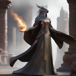 A digital art depicting a female silver Dragonborn wizard in flowing bronze robes