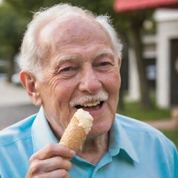 A sweet image of an elderly man savoring an ice cream cone on a hot summer's day, highlighting the joy in his twinkling eyes.