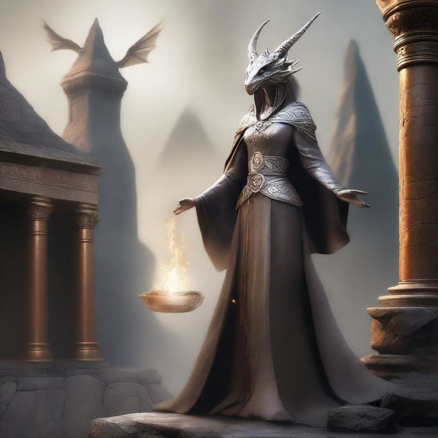 A digital art depicting a female silver Dragonborn wizard in flowing bronze robes