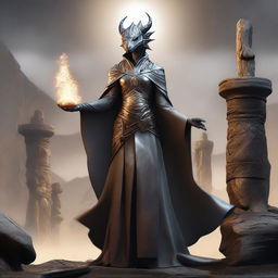 A digital art depicting a female silver Dragonborn wizard in flowing bronze robes