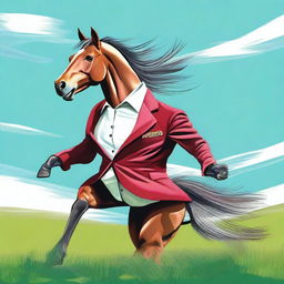 A whimsical scene of a horse wearing a stylish blazer, dancing joyfully in an open field