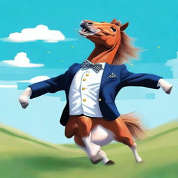 A whimsical scene of a horse wearing a stylish blazer, dancing joyfully in an open field