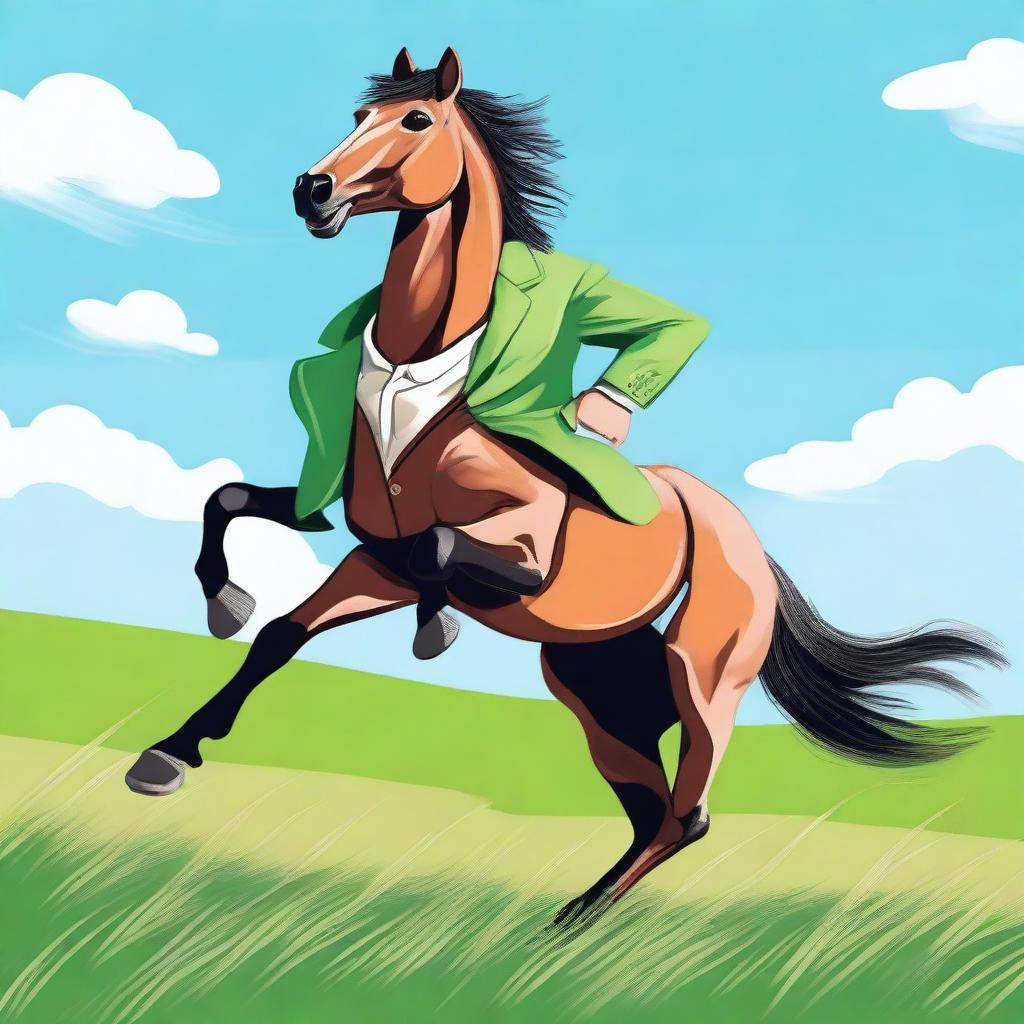 A whimsical scene of a horse wearing a stylish blazer, dancing joyfully in an open field